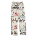 Womens Cotton Cream Floral Paris Print Regular Straight Trousers W30 L33 Fringed