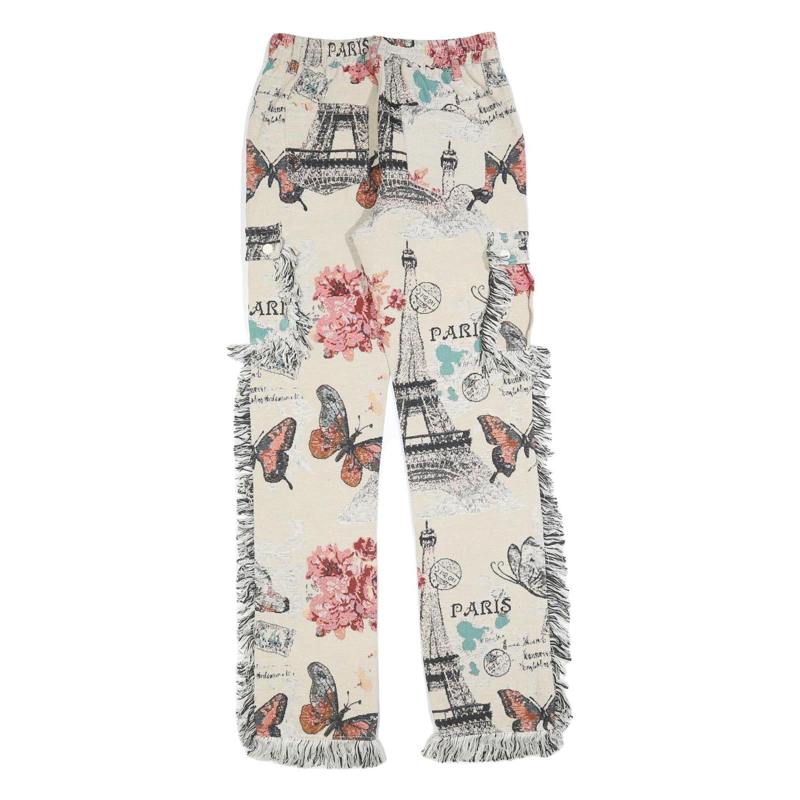 Womens Cotton Cream Floral Paris Print Regular Straight Trousers W30 L33 Fringed