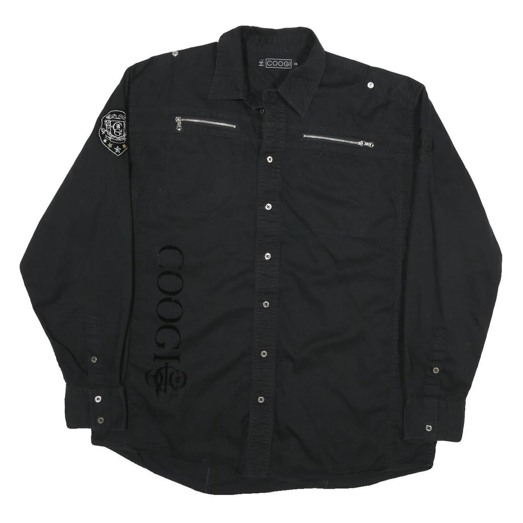 COOGI Mens Black Cotton Blend Shirt 2XL Long Sleeve Button Front Embroidered