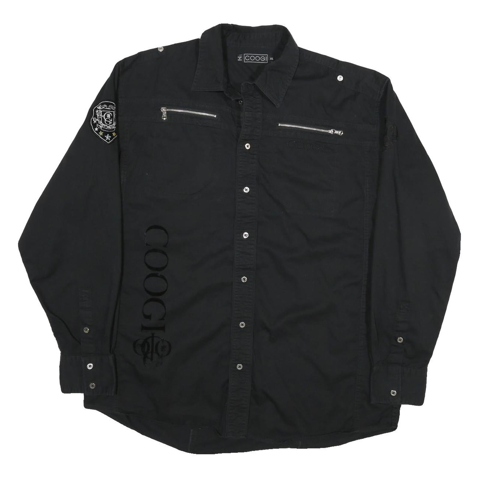 COOGI Mens Black Cotton Blend Shirt 2XL Long Sleeve Button Front Embroidered