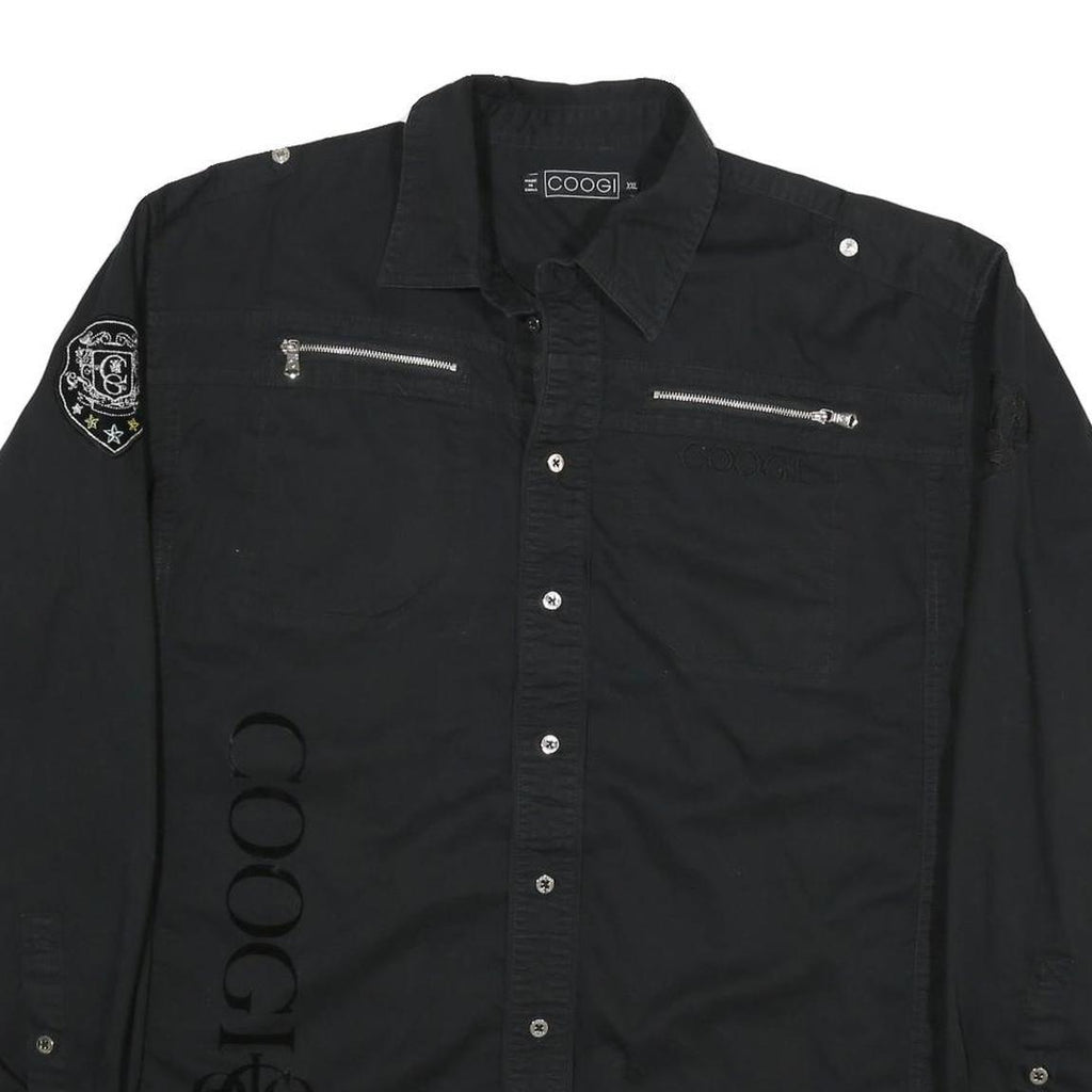 COOGI Mens Black Cotton Blend Shirt 2XL Long Sleeve Button Front Embroidered