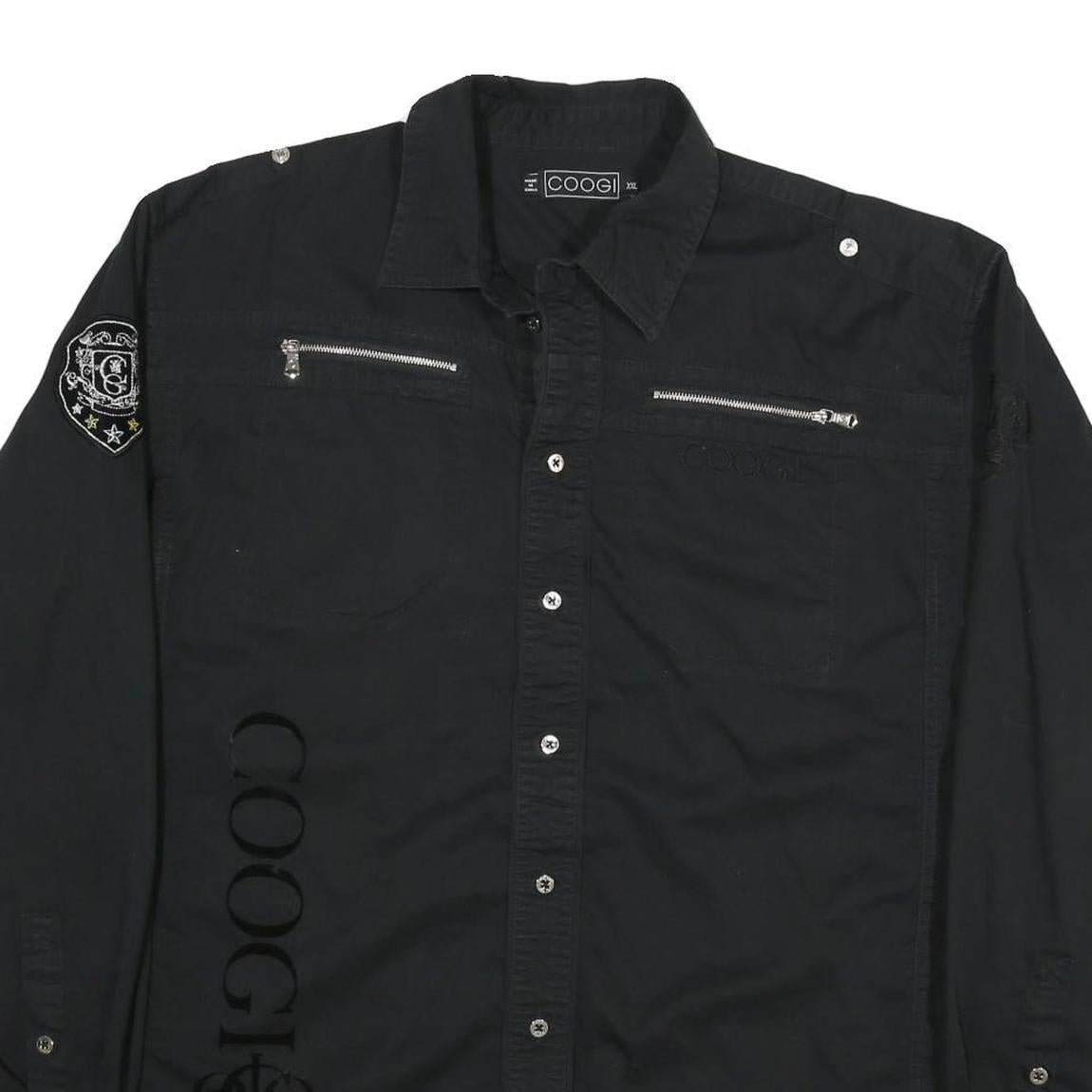 COOGI Mens Black Cotton Blend Shirt 2XL Long Sleeve Button Front Embroidered