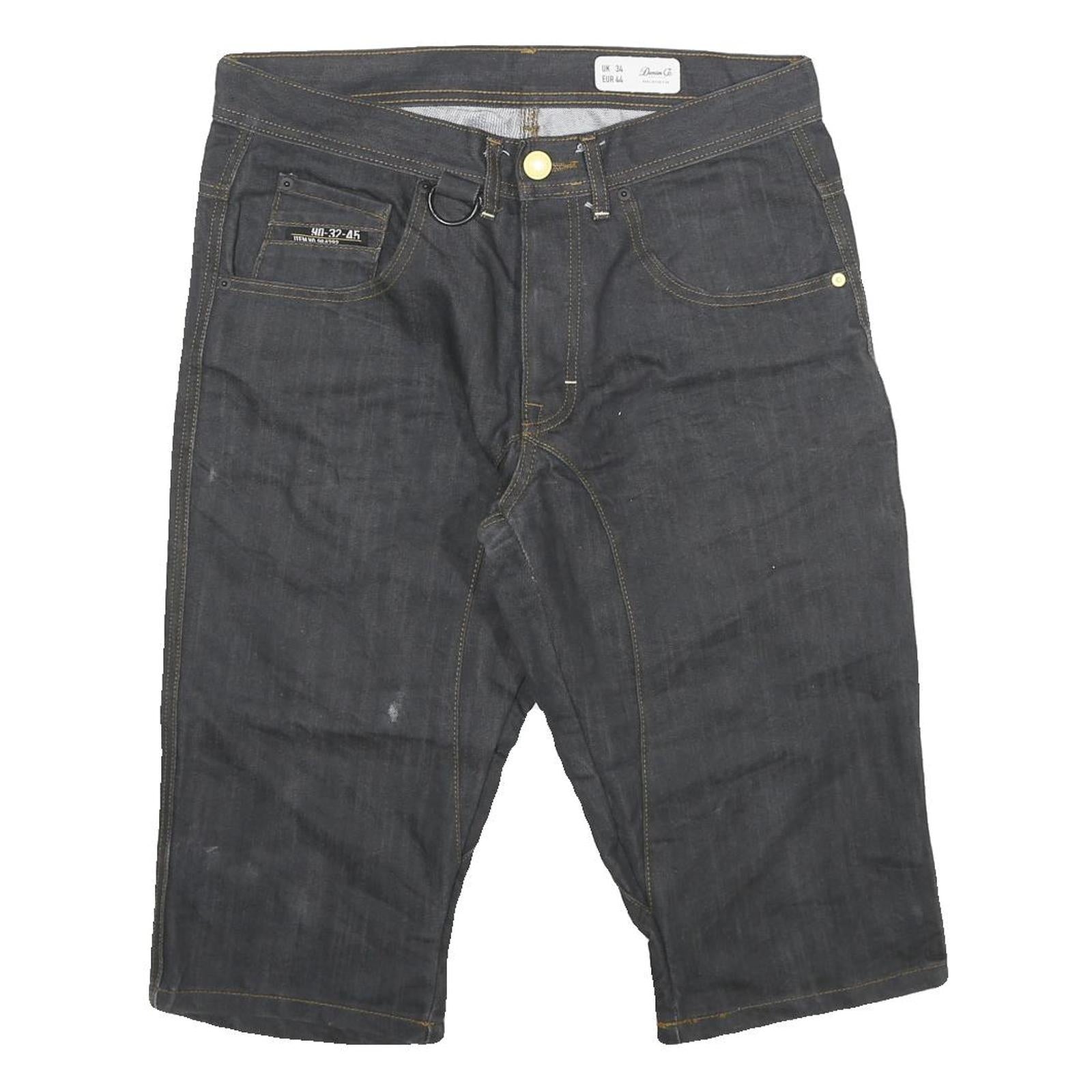 Mens Black Cotton Blend Denim Style Casual Shorts XL W34 Relaxed Fit Pocket