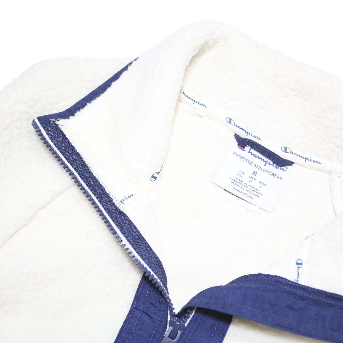 CHAMPION Womens White & Navy Zip Jacket L Polyester Blend Fleece Logo