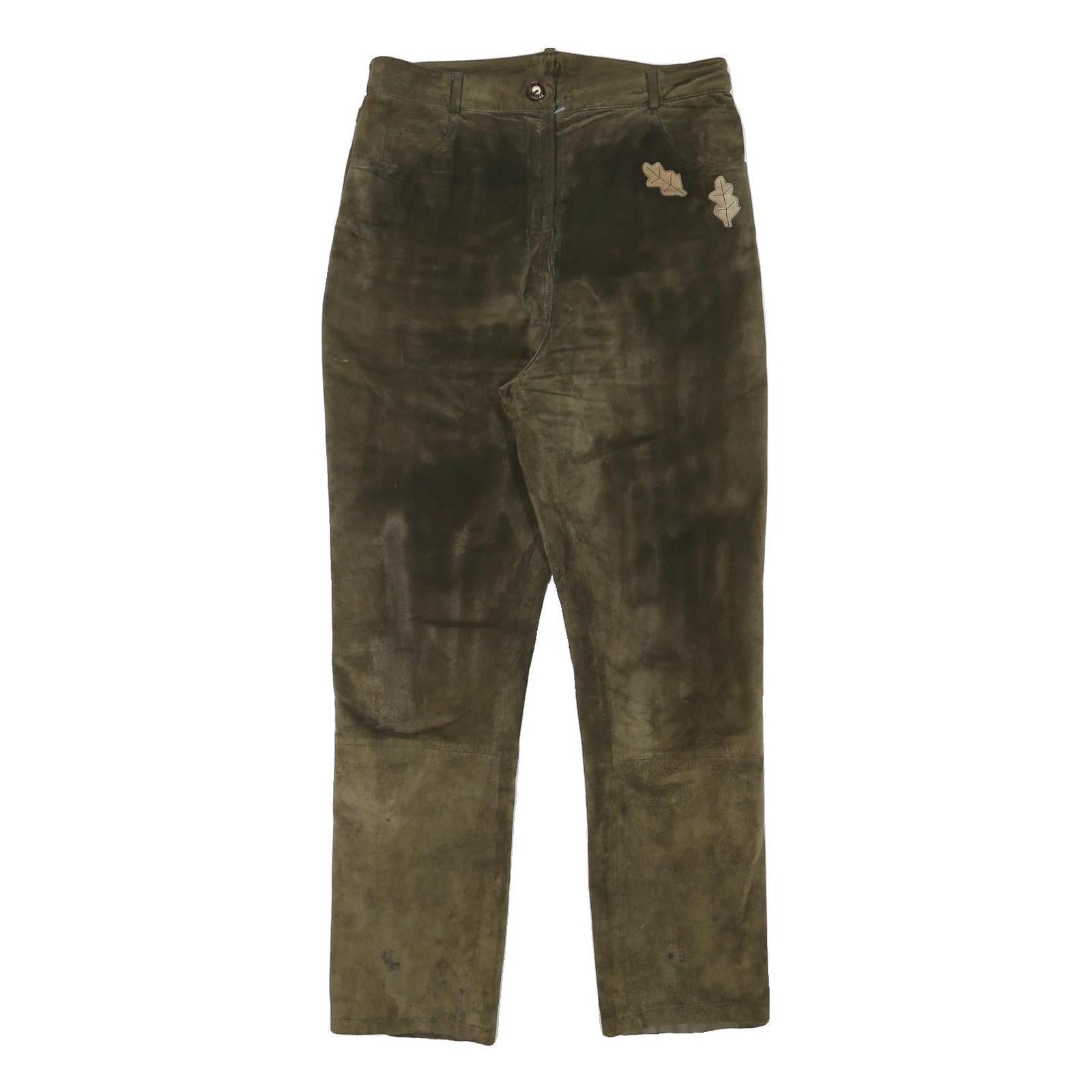 Womens Slim Fit Suede Brown Slim Tapered Trousers W29 L28 Leaf Patch