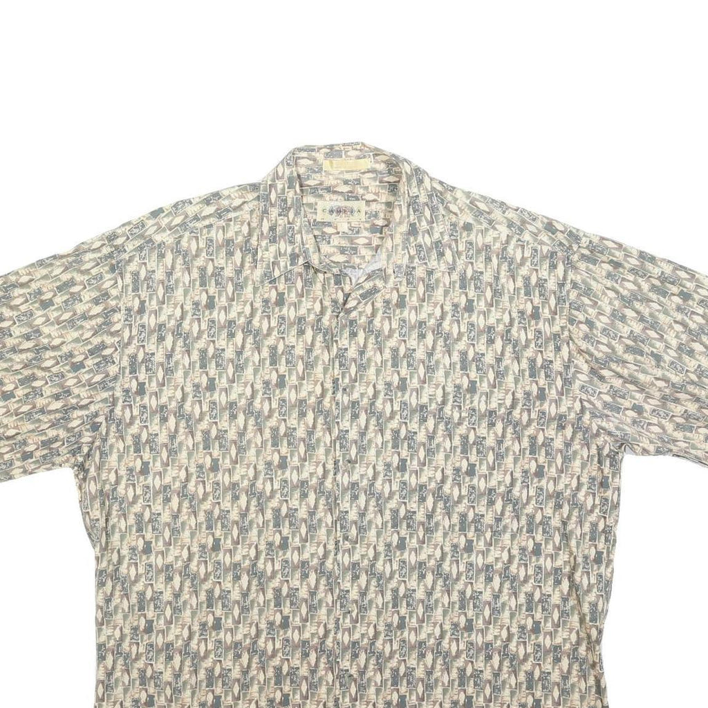 CAMPIA Mens Beige & Grey Abstract Print Shirt L Cotton Blend Summer Casual