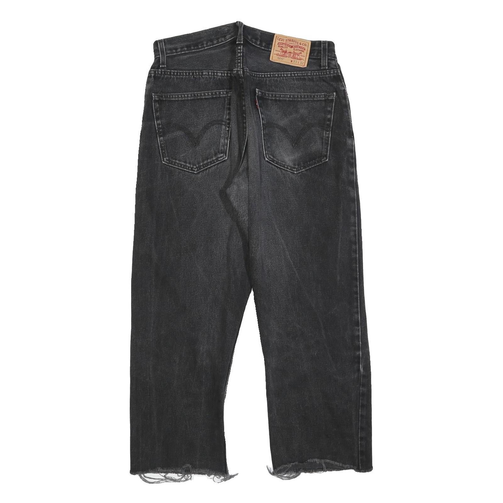 LEVI'S 505 Mens Jeans Black Regular Straight Denim Raw W33 L26 Distressed Hem