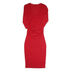 Womens Red Bodycon Cotton Blend Midi Dress S V Neck Ruched Sides Casual