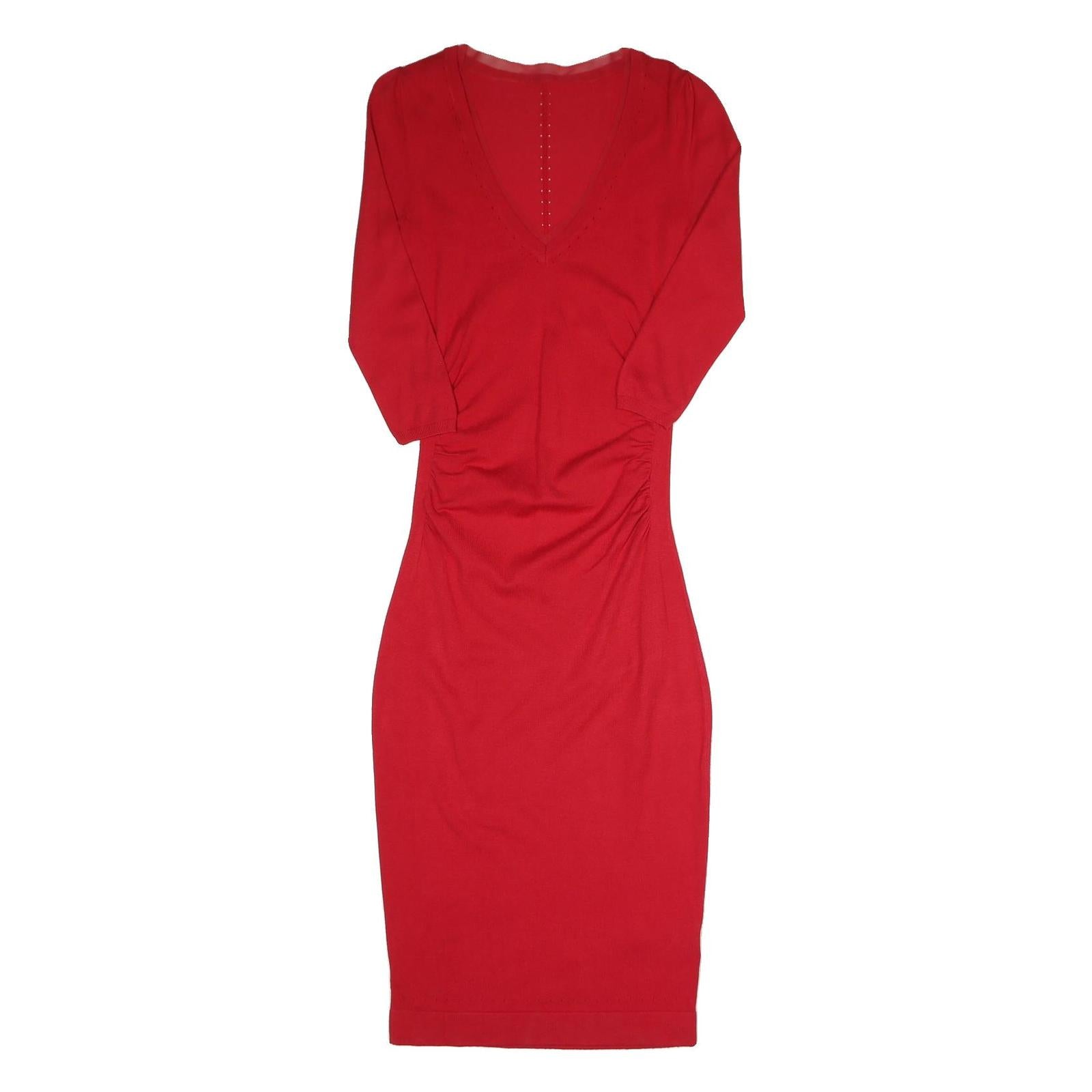 Womens Red Bodycon Cotton Blend Midi Dress S V Neck Ruched Sides Casual
