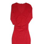 Womens Red Bodycon Cotton Blend Midi Dress S V Neck Ruched Sides Casual