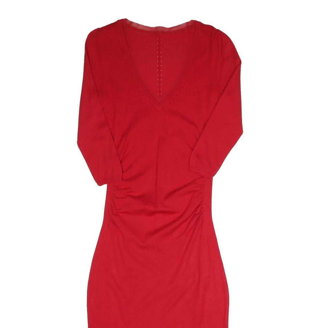 Womens Red Bodycon Cotton Blend Midi Dress S V Neck Ruched Sides Casual