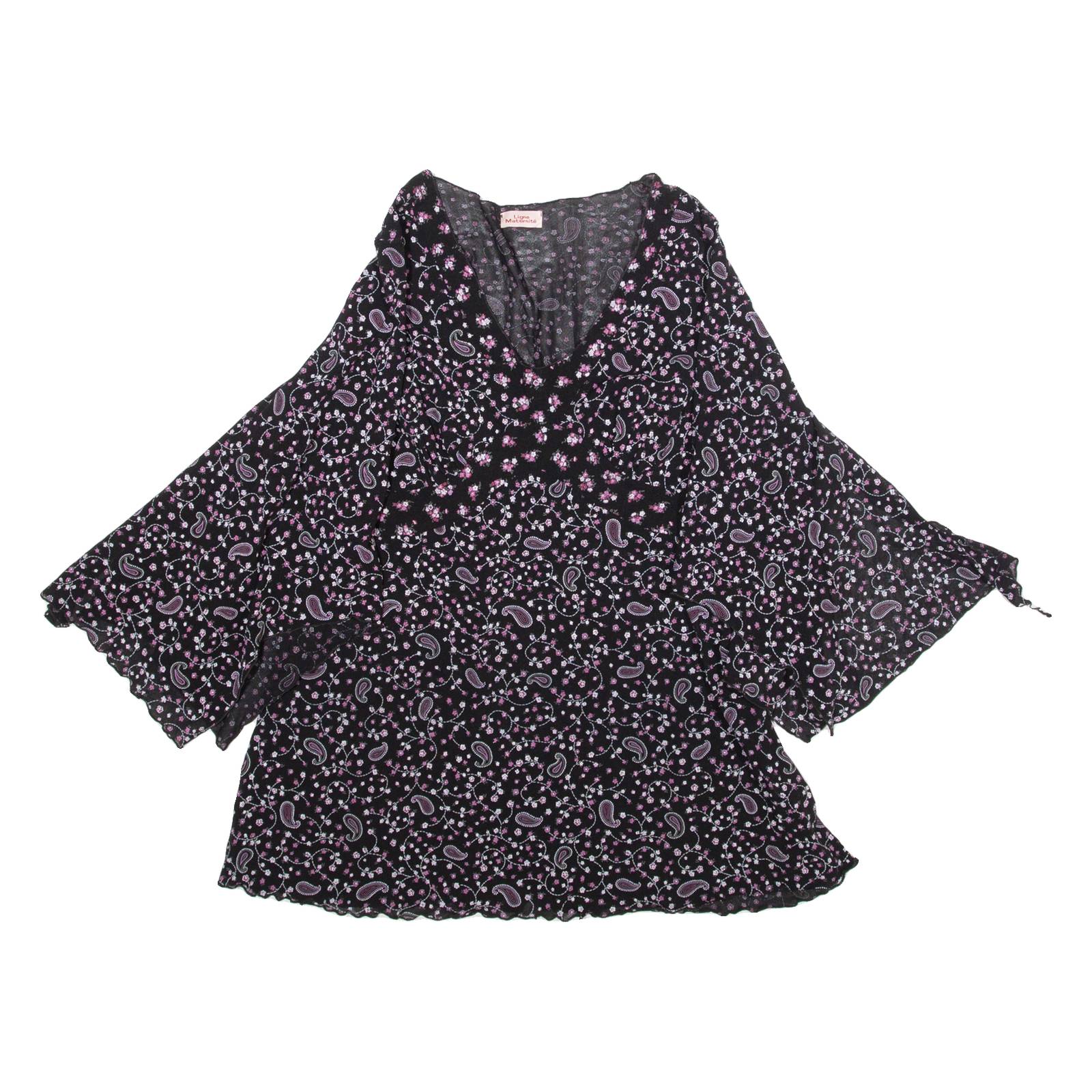 LIGNE MATERNITE Womens Blouse Top Black Long Sleeve Crazy Pattern XXS