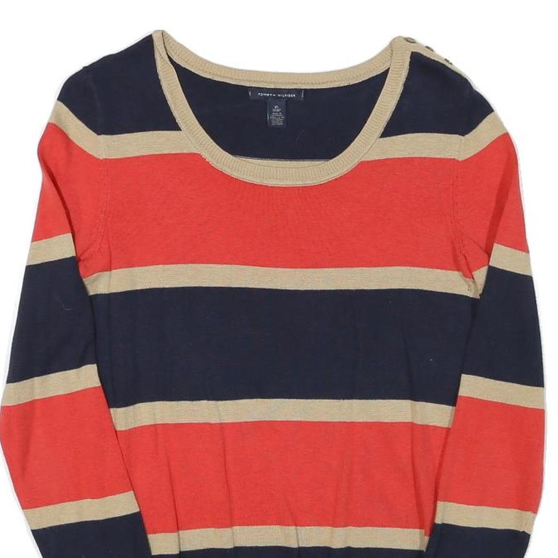 TOMMY HILFIGER Womens Navy & Red & Beige Striped Plain Crew Neck Basic Knit