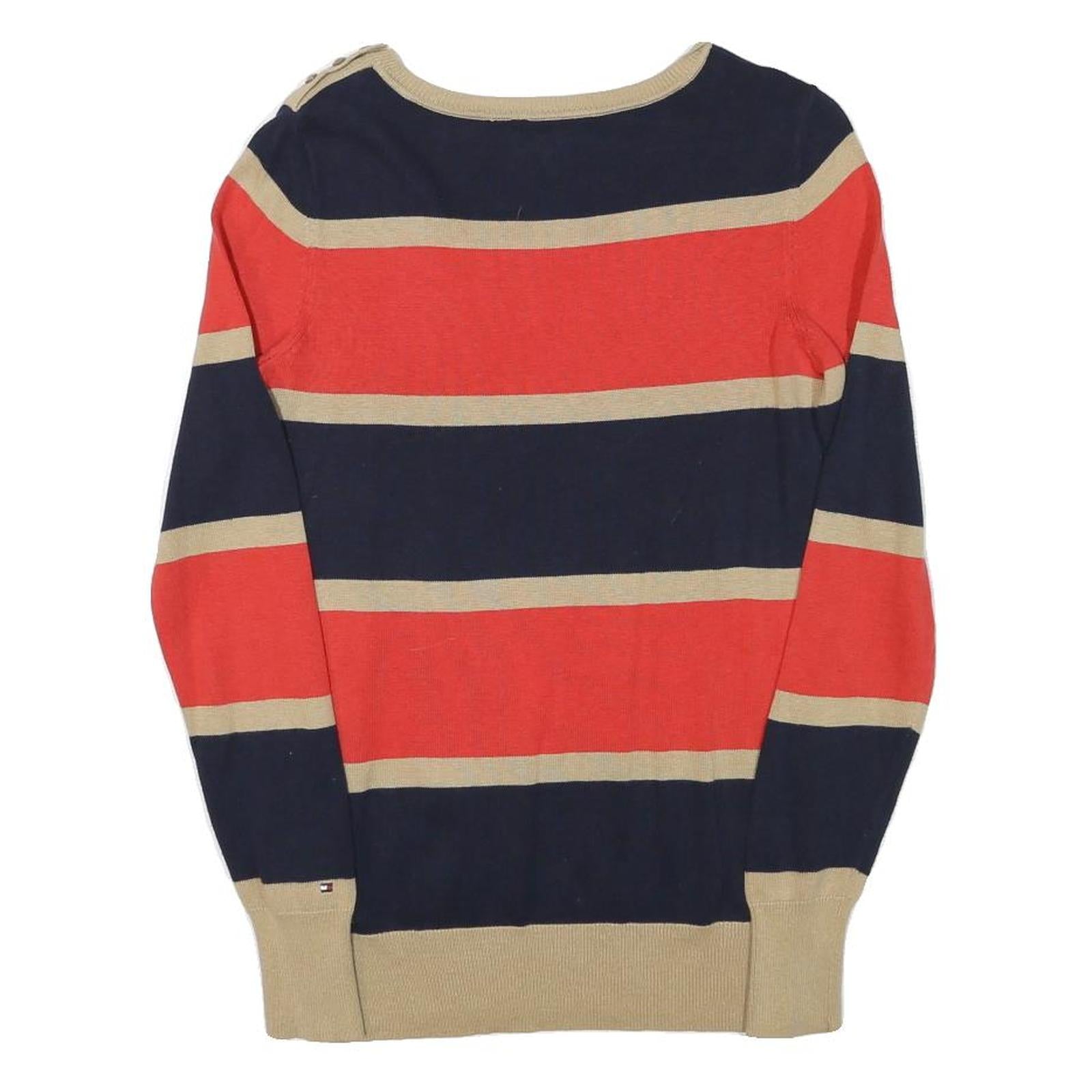 TOMMY HILFIGER Womens Navy & Red & Beige Striped Plain Crew Neck Basic Knit
