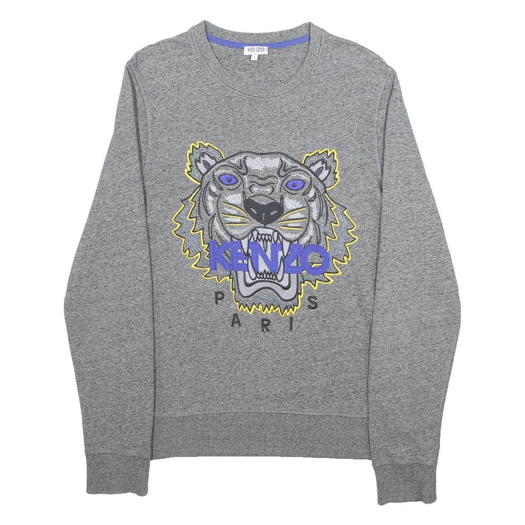 KENZO Mens Grey Cotton Sweatshirt S Crew Neck Tiger Logo Embroidered