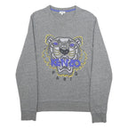 KENZO Mens Grey Cotton Sweatshirt S Crew Neck Tiger Logo Embroidered