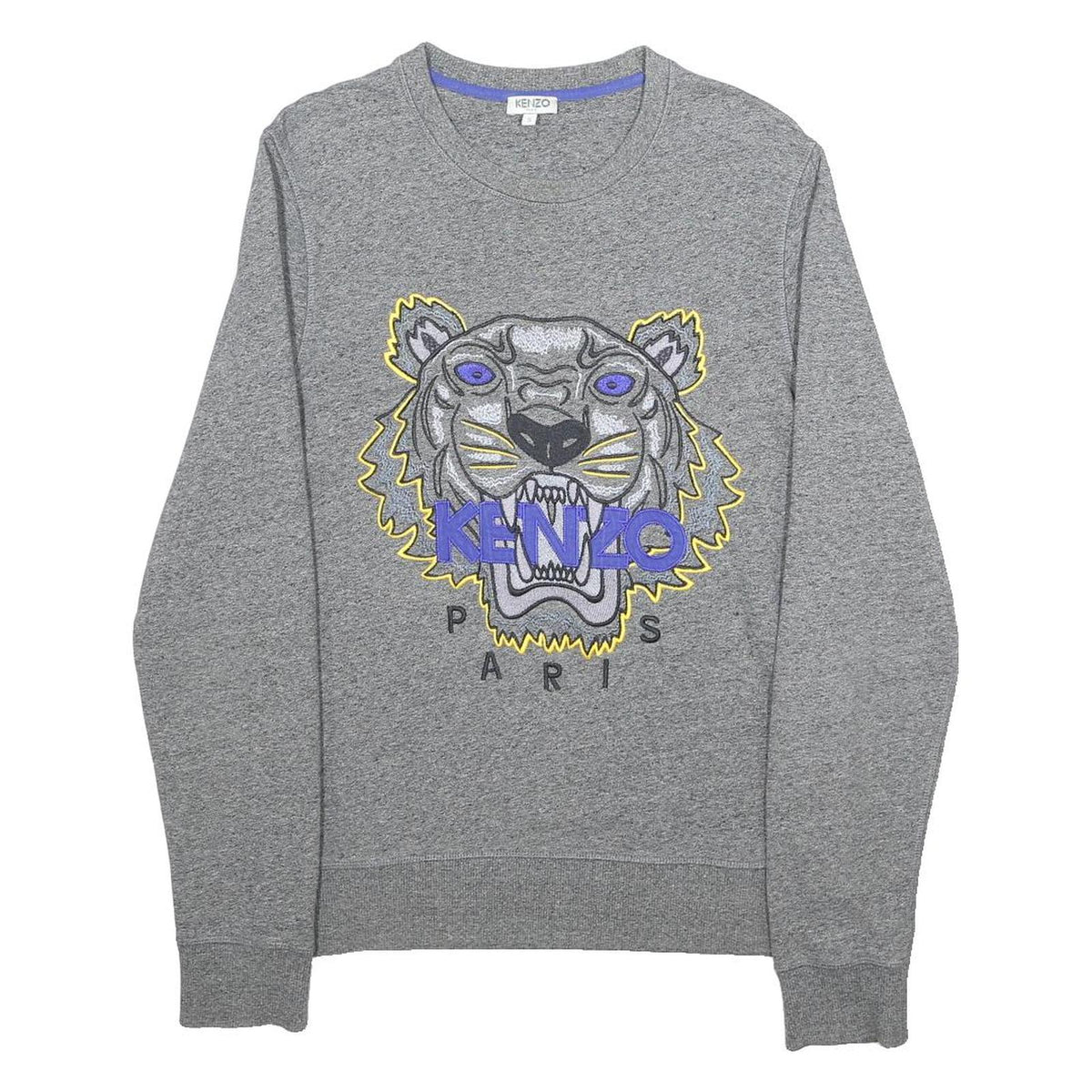 KENZO Mens Grey Cotton Sweatshirt S Crew Neck Tiger Logo Embroidered