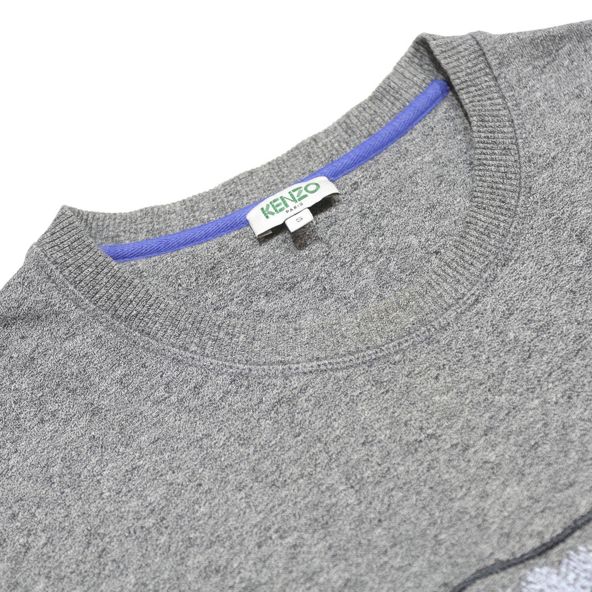KENZO Mens Grey Cotton Sweatshirt S Crew Neck Tiger Logo Embroidered