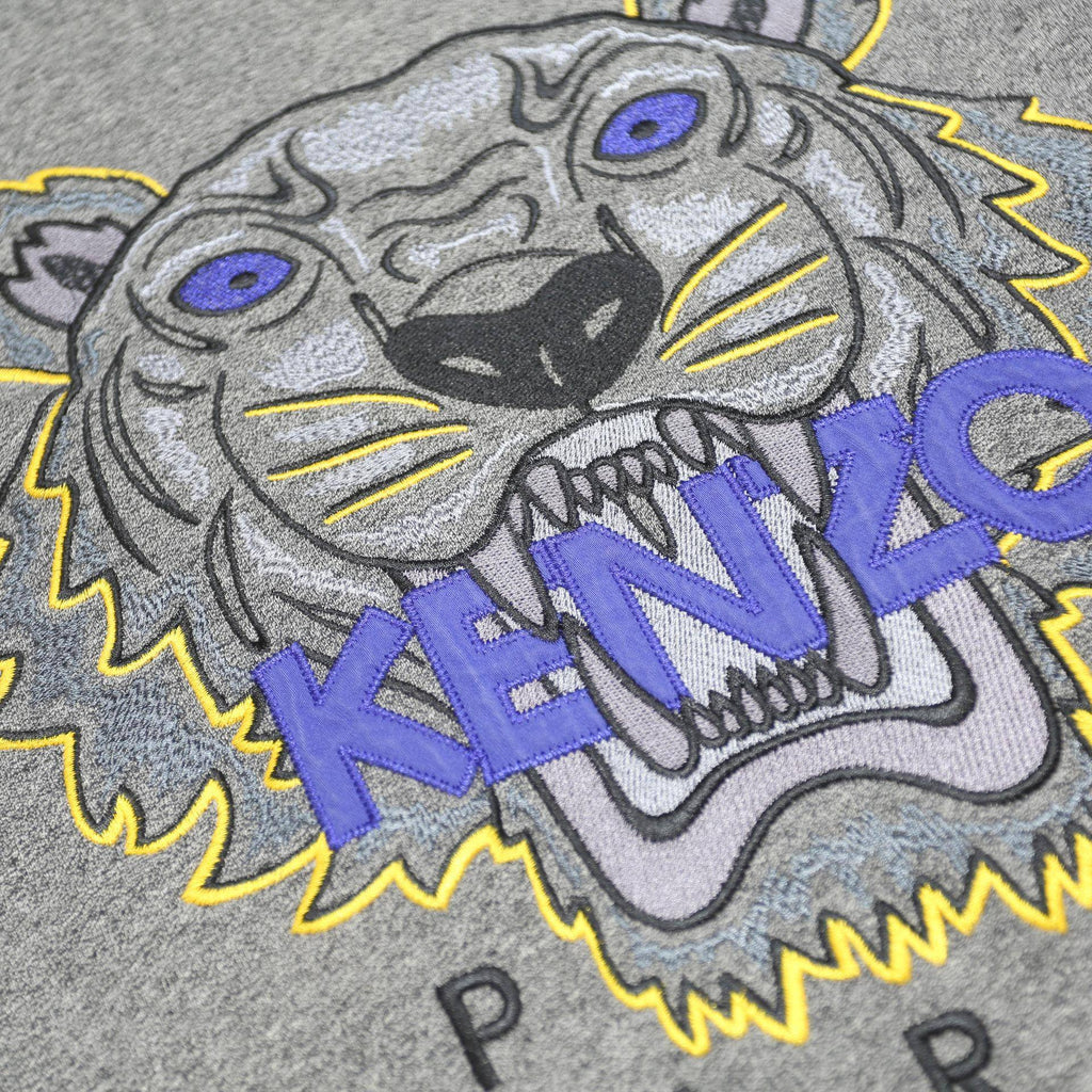 KENZO Mens Grey Cotton Sweatshirt S Crew Neck Tiger Logo Embroidered