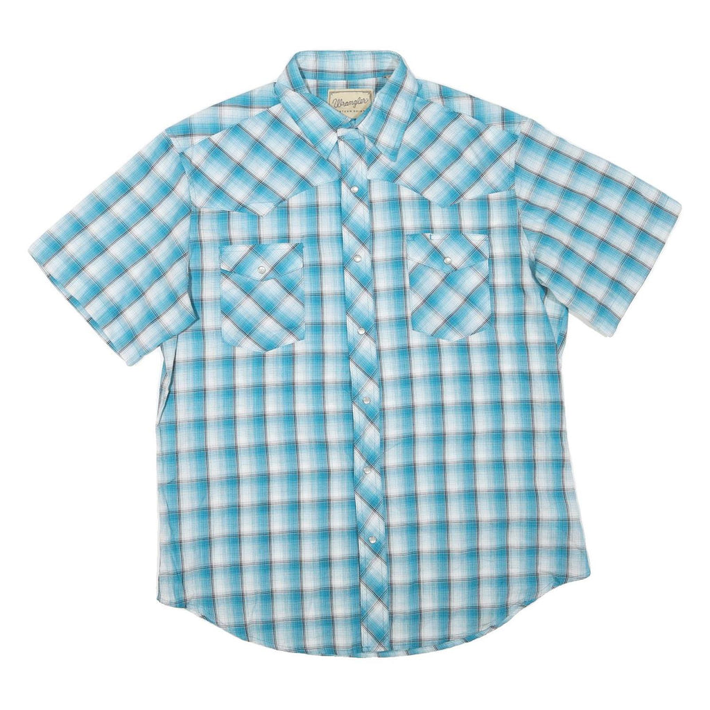 WRANGLER Mens Blue Check Shirt L Short Sleeve Western Cotton Blend