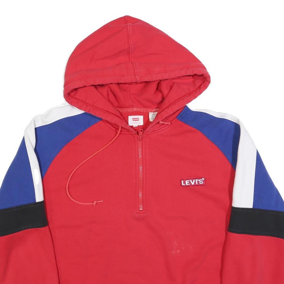 LEVI'S Mens Red Blue & Black Pullover Hoodie XL Half Zip Cotton Blend Sweatshirt