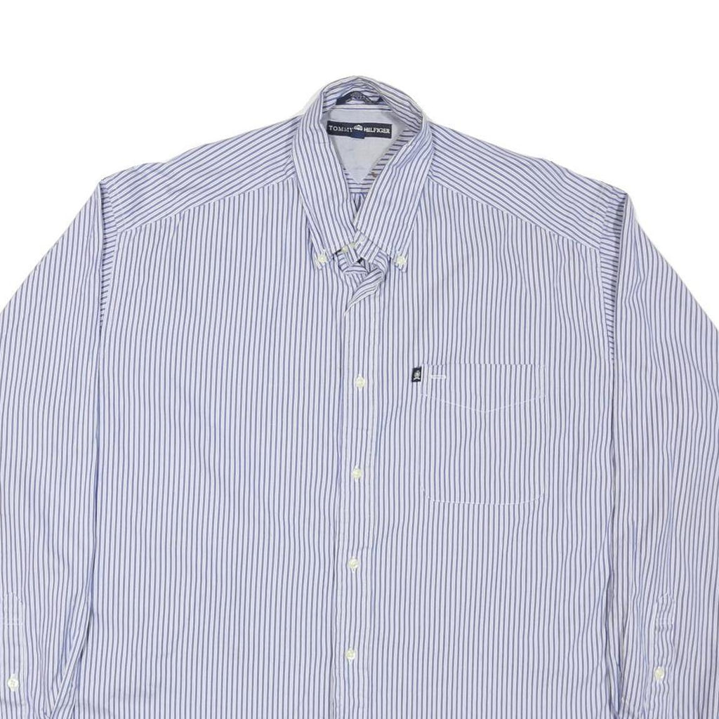 TOMMY HILFIGER Mens Blue Striped Cotton Blend Shirt L Button-Down Collar Long