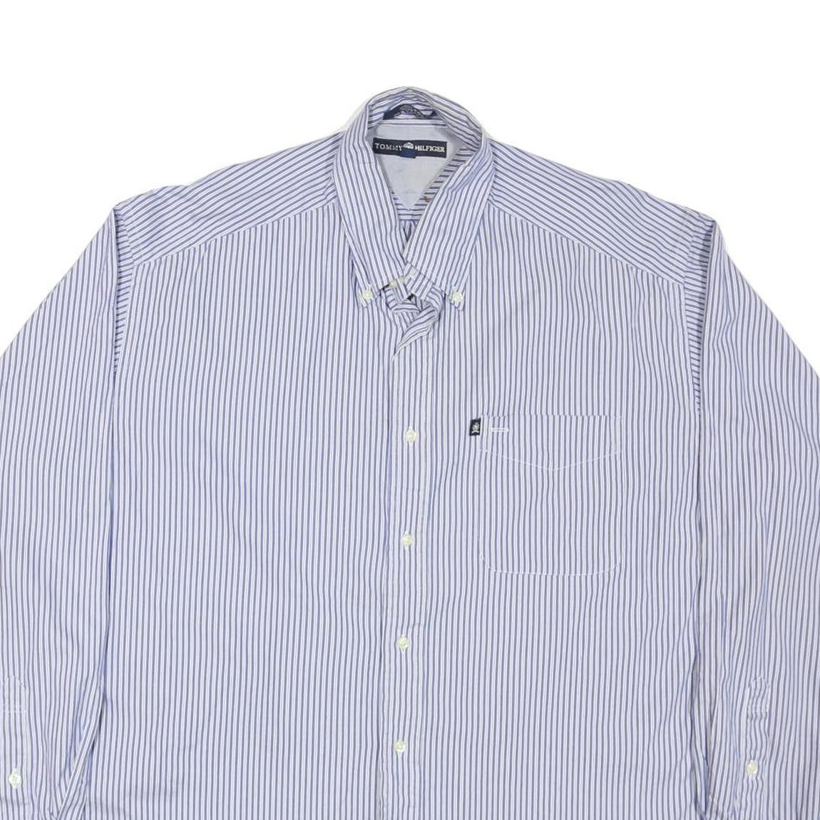 TOMMY HILFIGER Mens Blue Striped Cotton Blend Shirt L Button-Down Collar Long