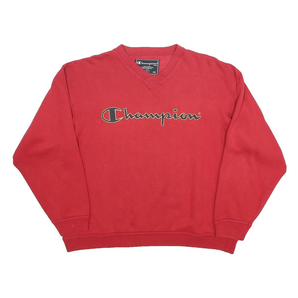 CHAMPION Womens Red V-Neck S Sweatshirt Logo Print Cotton Blend Pullover
