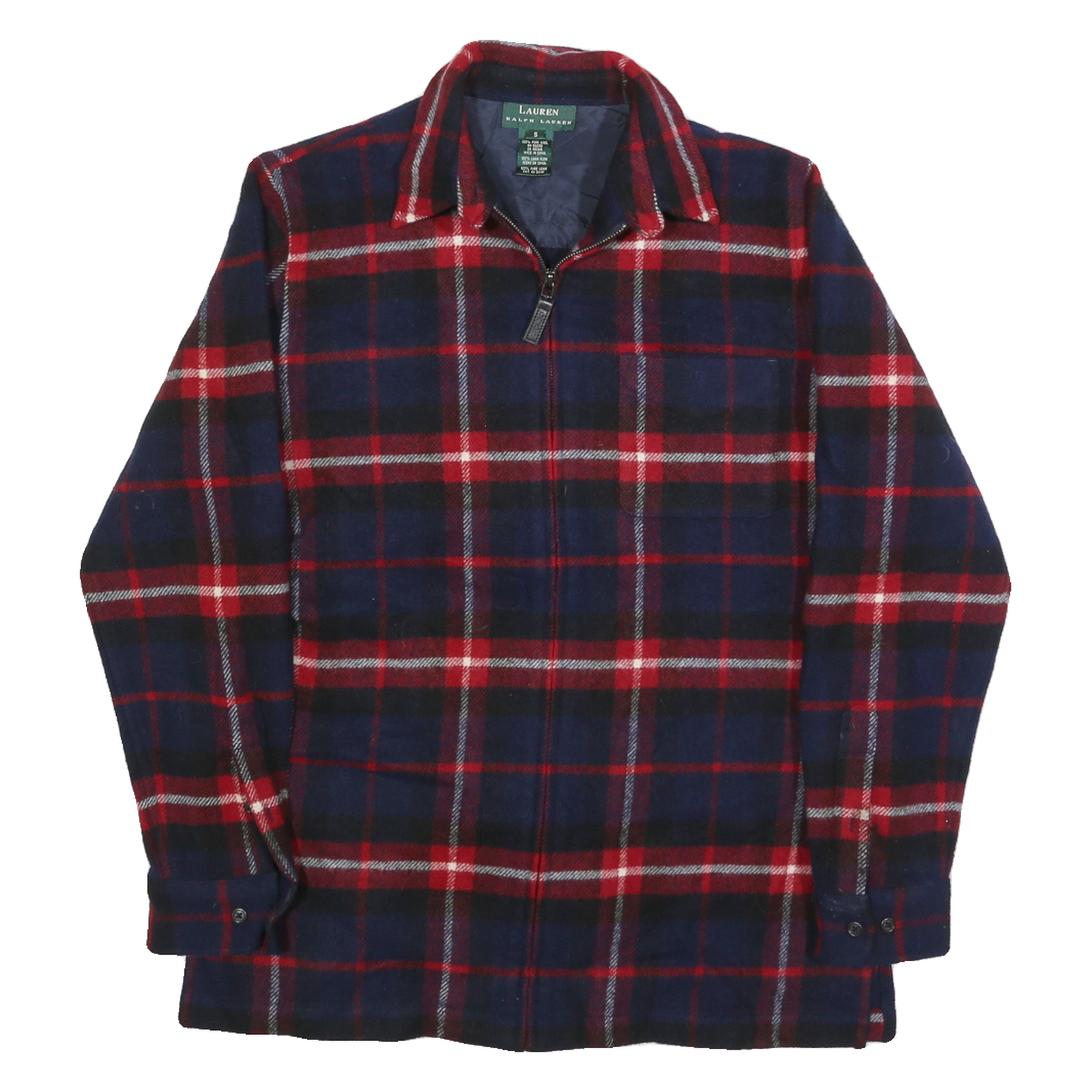 LAUREN RALPH LAUREN Womens Navy & Red Checked Wool Zip Jacket S Woven Casual