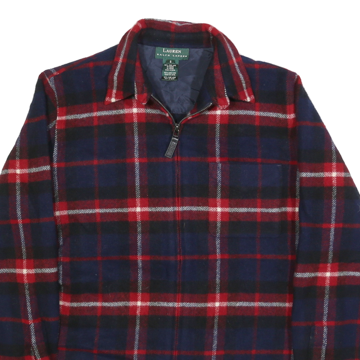 LAUREN RALPH LAUREN Womens Navy & Red Checked Wool Zip Jacket S Woven Casual