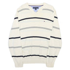 TOMMY HILFIGER Mens White & Navy Striped Patterned V-Neck Cable Knit Jumper M