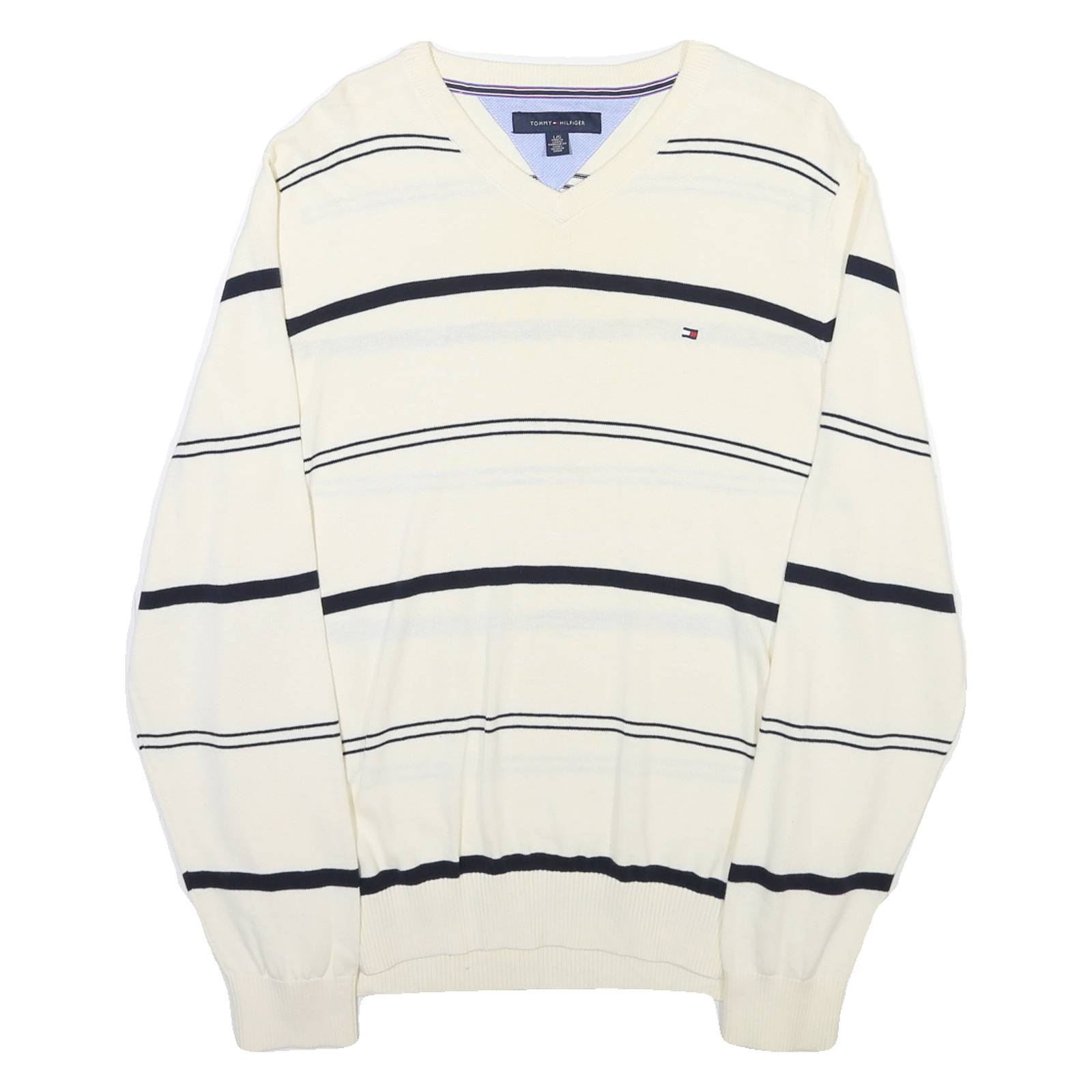 TOMMY HILFIGER Mens White & Navy Striped Patterned V-Neck Cable Knit Jumper M