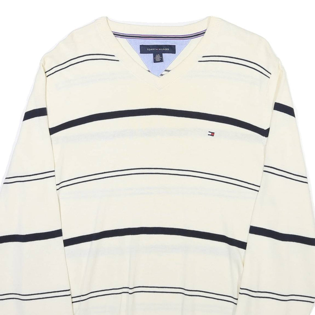 TOMMY HILFIGER Mens White & Navy Striped Patterned V-Neck Cable Knit Jumper M