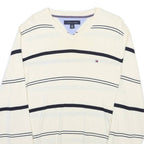 TOMMY HILFIGER Mens White & Navy Striped Patterned V-Neck Cable Knit Jumper M