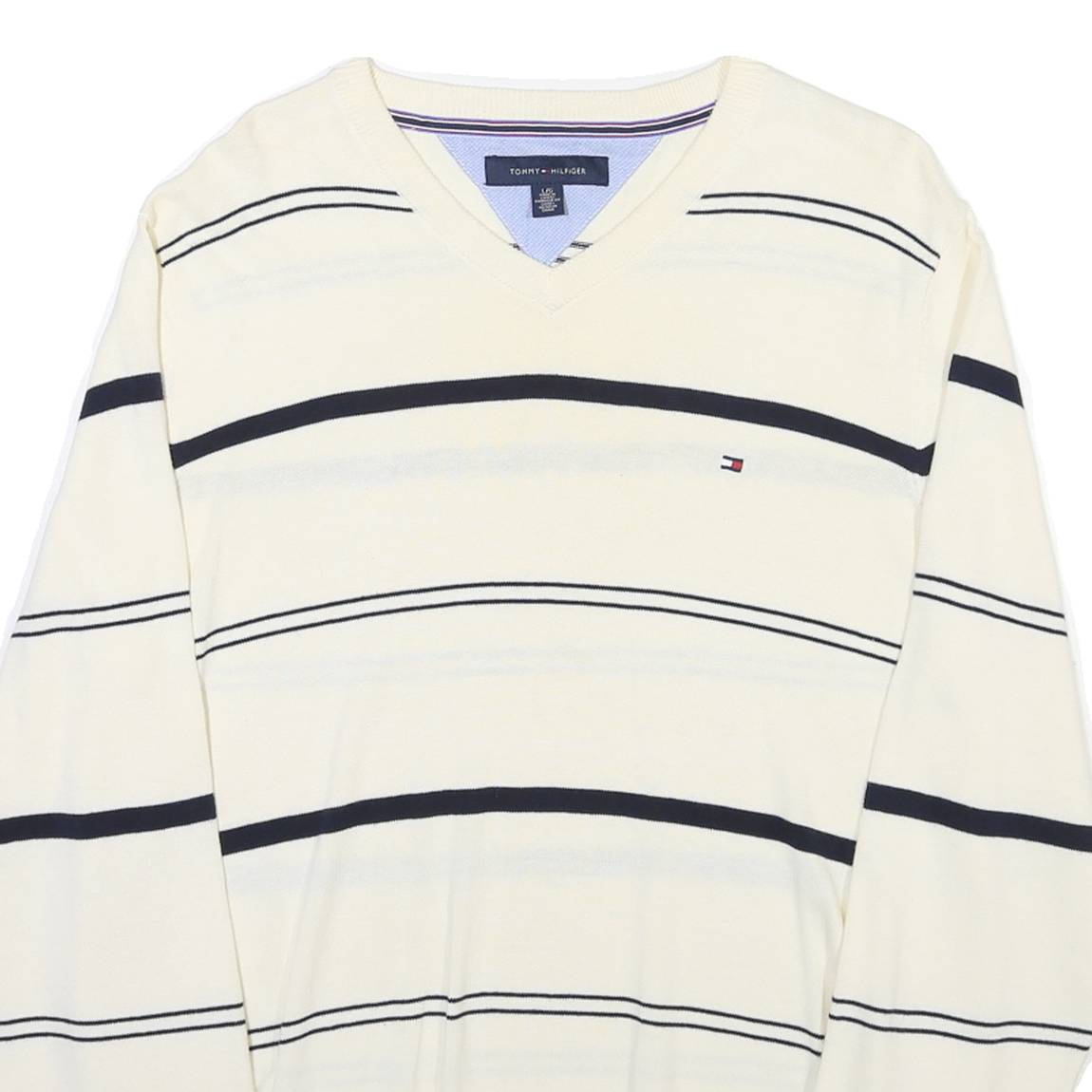 TOMMY HILFIGER Mens White & Navy Striped Patterned V-Neck Cable Knit Jumper M