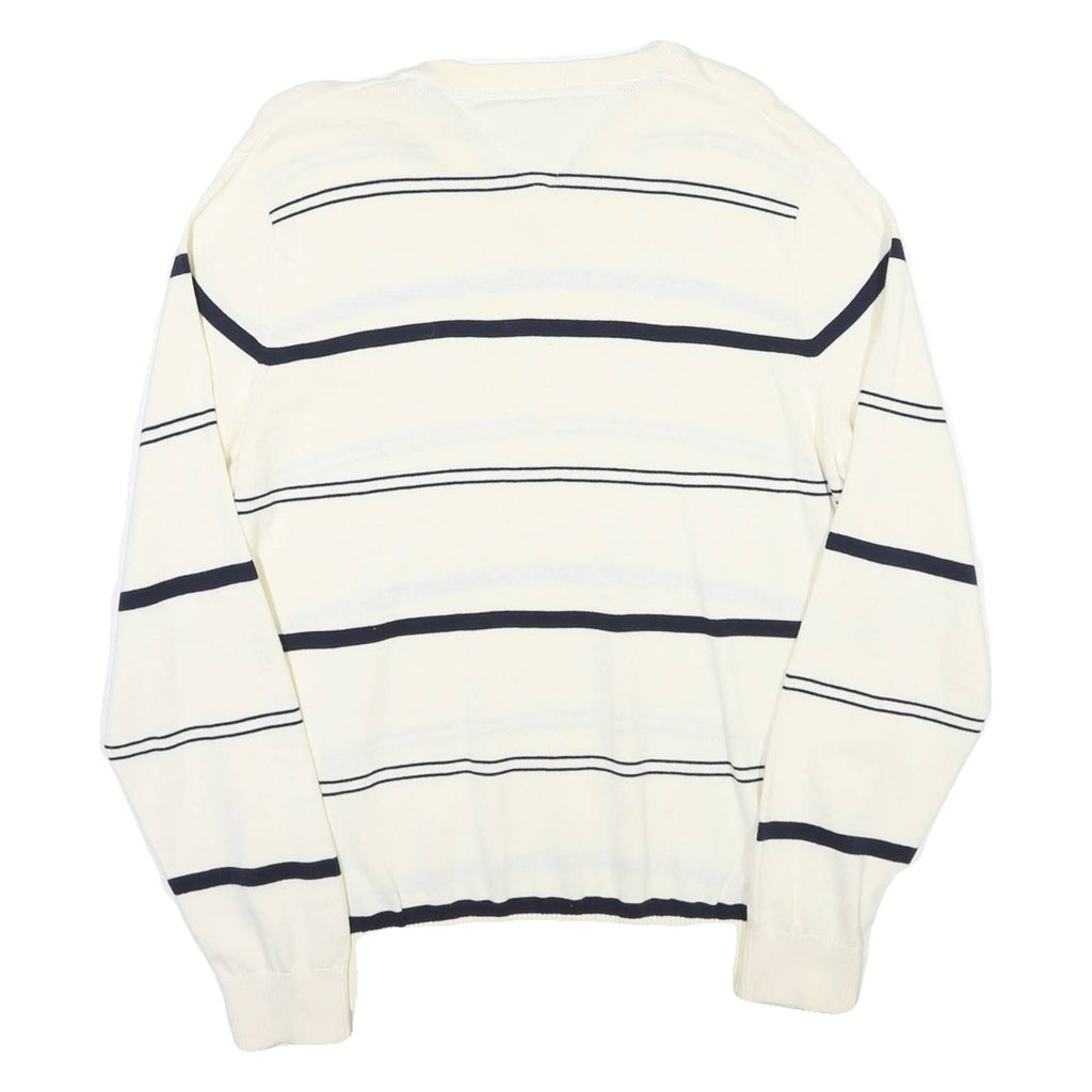 TOMMY HILFIGER Mens White & Navy Striped Patterned V-Neck Cable Knit Jumper M