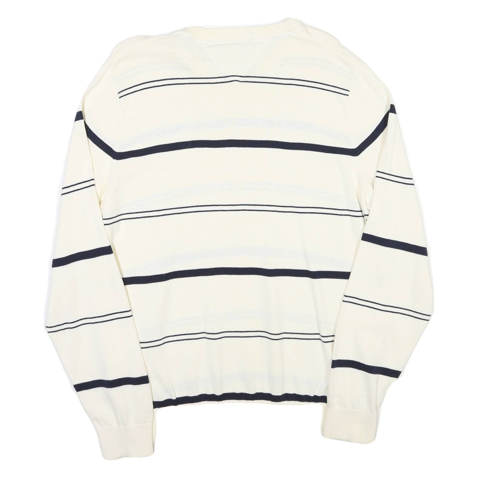 TOMMY HILFIGER Mens White & Navy Striped Patterned V-Neck Cable Knit Jumper M