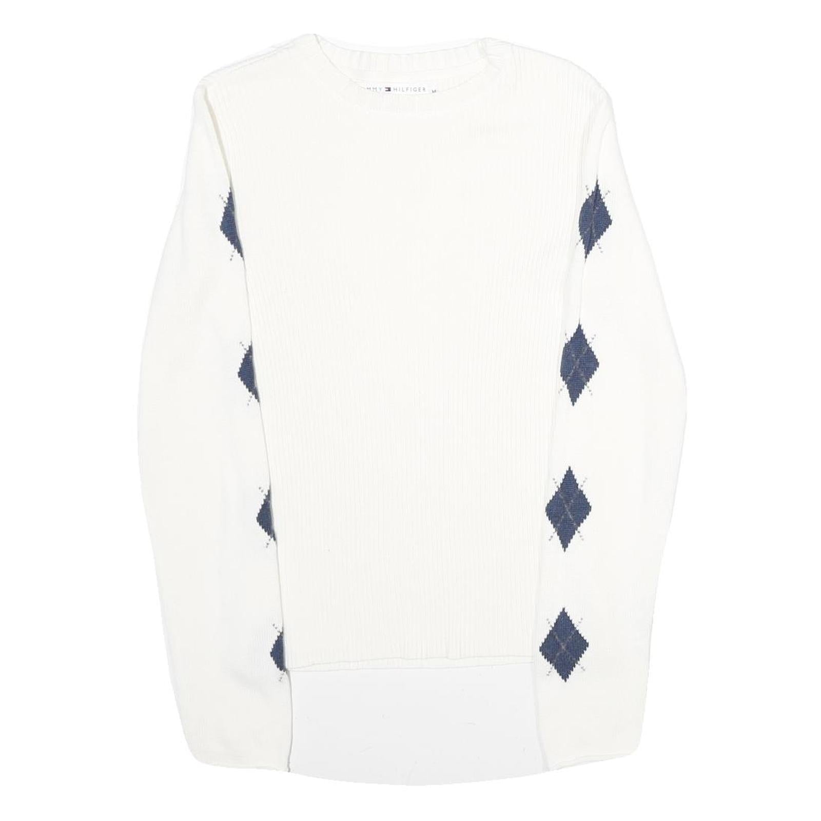 TOMMY HILFIGER Womens White & Navy Patterned Classic Crew Neck Basic Knit Jumper