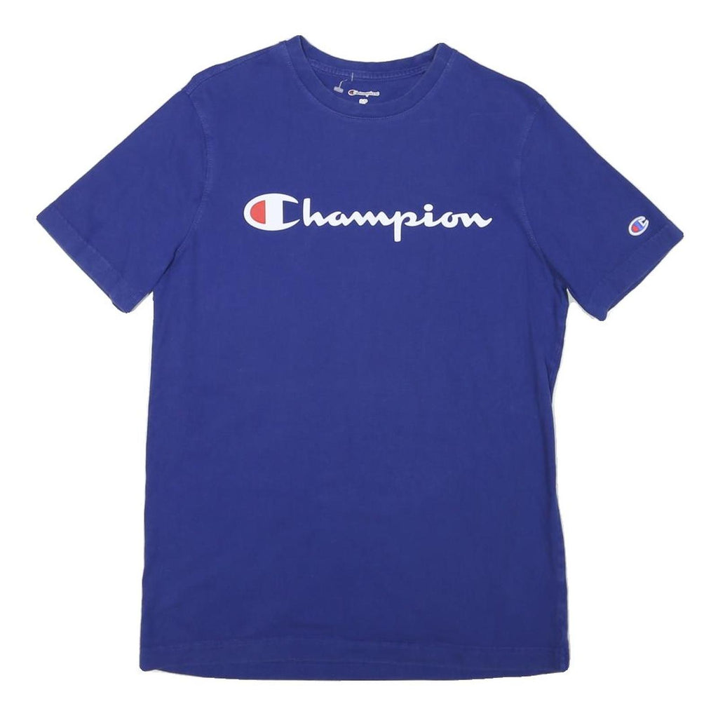 CHAMPION Mens Blue Cotton Blend T-Shirt S Short Sleeve Crew Neck Logo Print