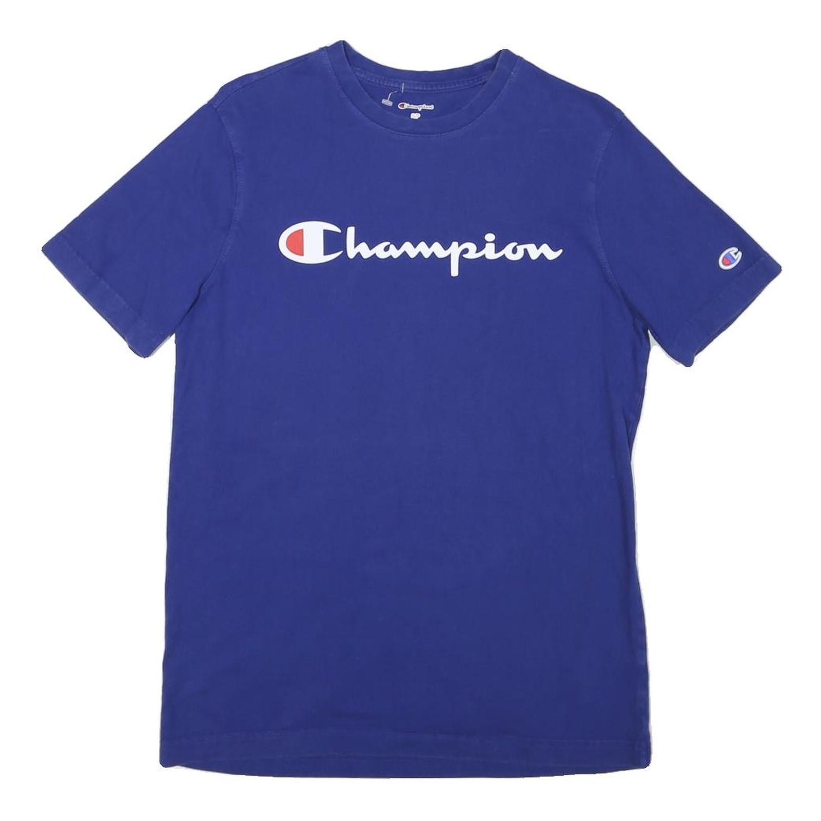CHAMPION Mens Blue Cotton Blend T-Shirt S Short Sleeve Crew Neck Logo Print