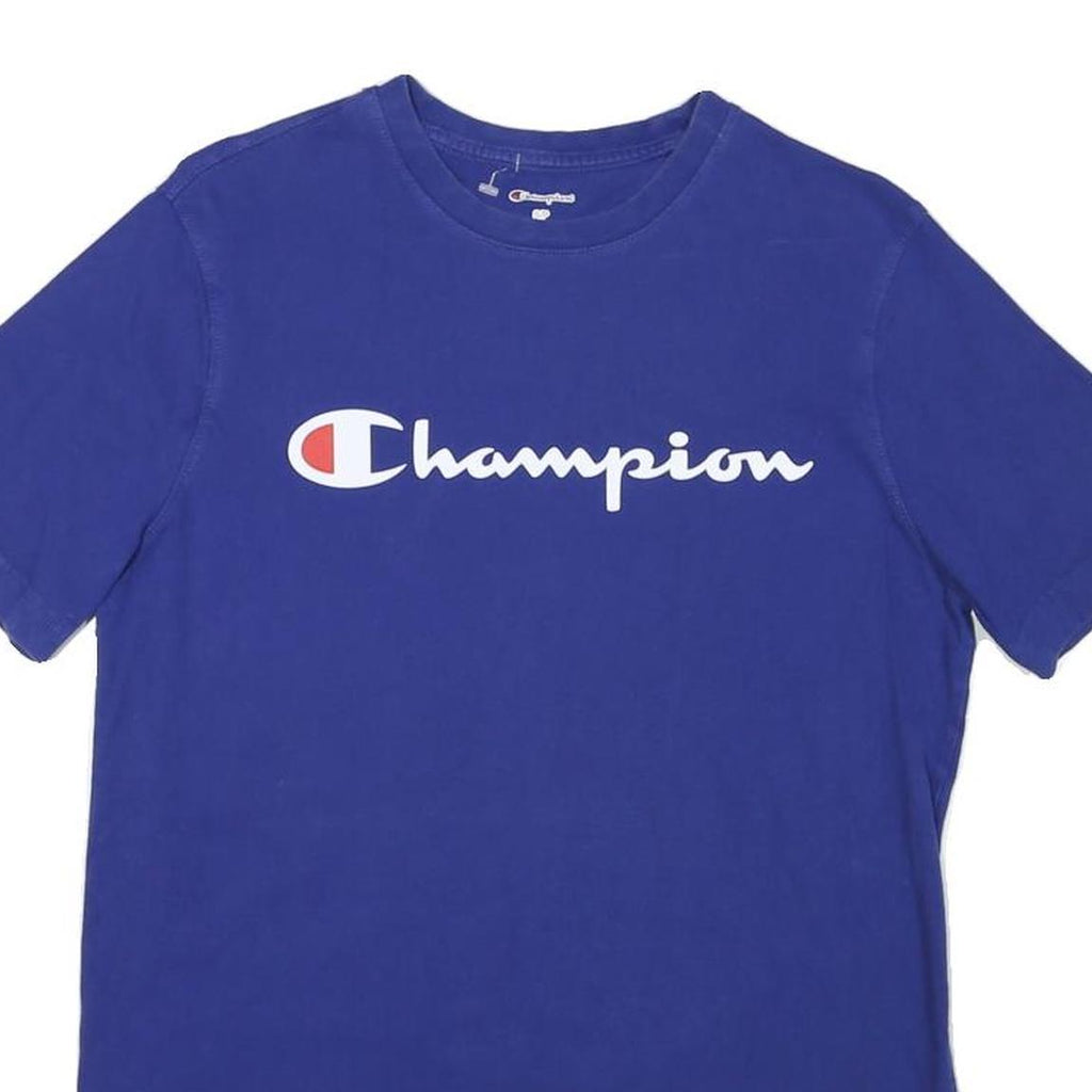 CHAMPION Mens Blue Cotton Blend T-Shirt S Short Sleeve Crew Neck Logo Print