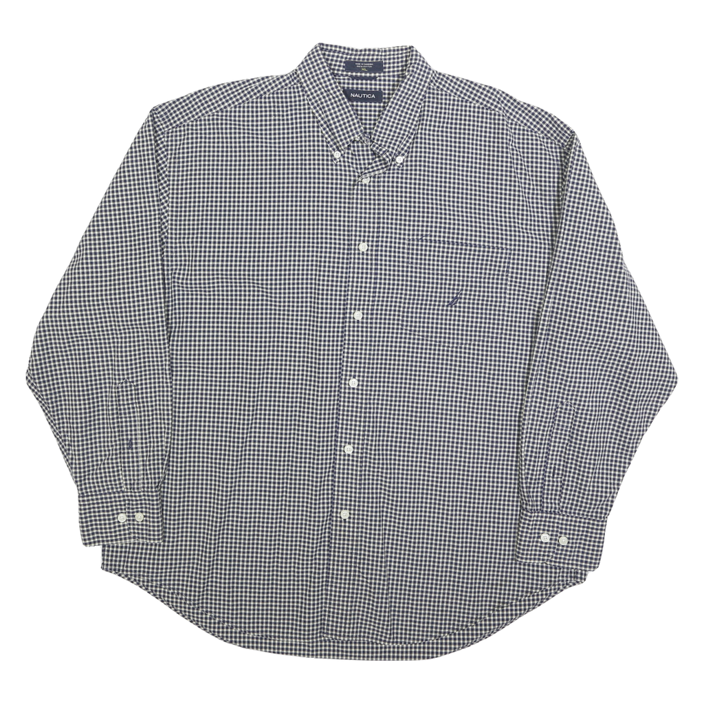 NAUTICA Mens Blue & White Check Shirt XL Classic Cotton Blend Long Sleeve Button