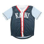 KARL KANI Mens Blue & Navy Button Front Pinstripe Jersey M Short Sleeve V-Neck