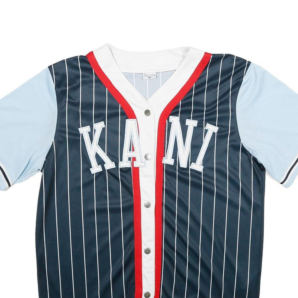 KARL KANI Mens Blue & Navy Button Front Pinstripe Jersey M Short Sleeve V-Neck