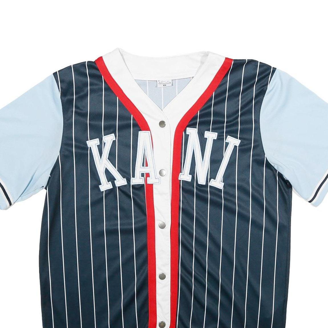KARL KANI Mens Blue & Navy Button Front Pinstripe Jersey M Short Sleeve V-Neck