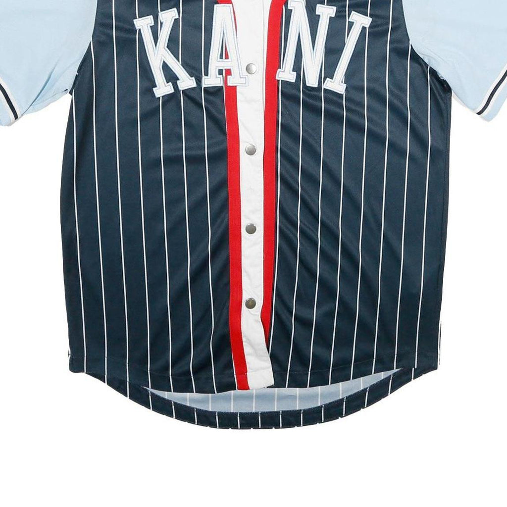 KARL KANI Mens Blue & Navy Button Front Pinstripe Jersey M Short Sleeve V-Neck
