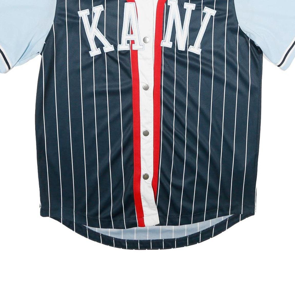 KARL KANI Mens Blue & Navy Button Front Pinstripe Jersey M Short Sleeve V-Neck