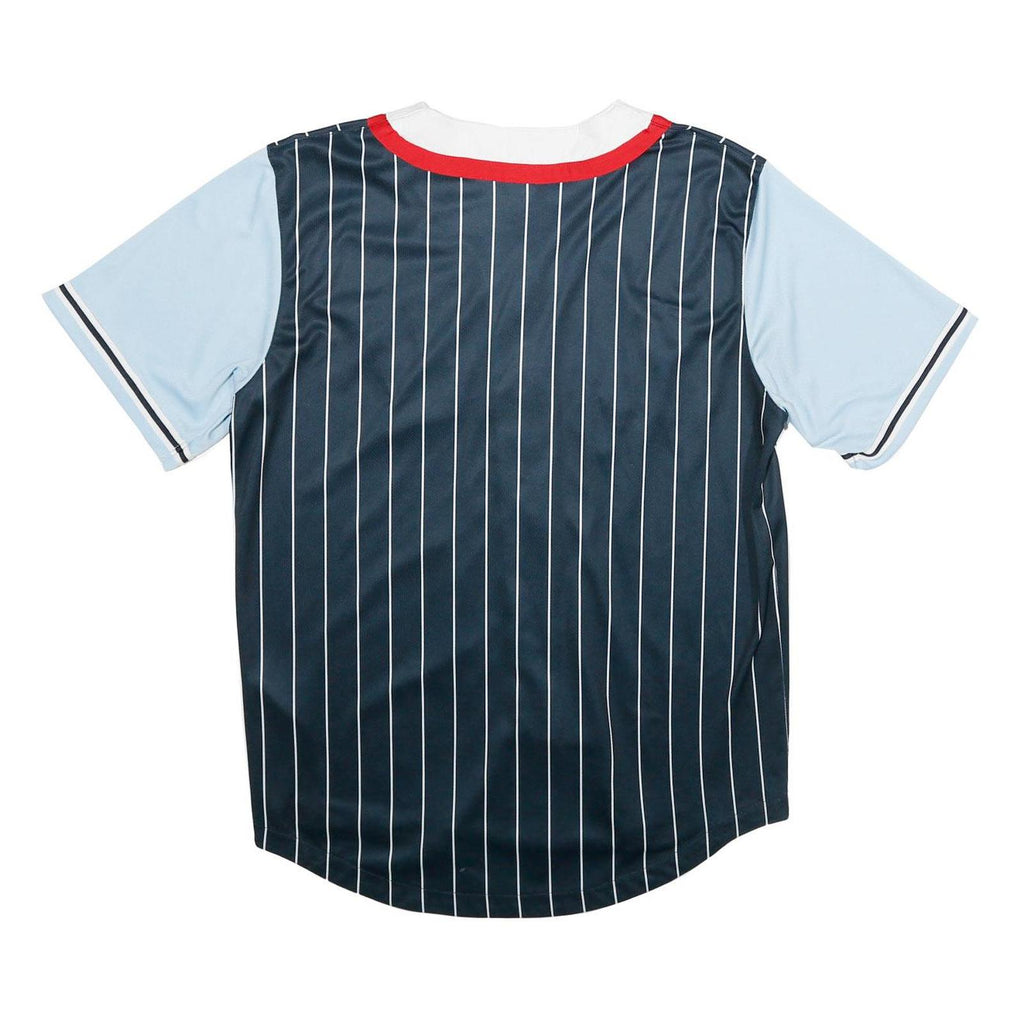 KARL KANI Mens Blue & Navy Button Front Pinstripe Jersey M Short Sleeve V-Neck