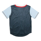 KARL KANI Mens Blue & Navy Button Front Pinstripe Jersey M Short Sleeve V-Neck