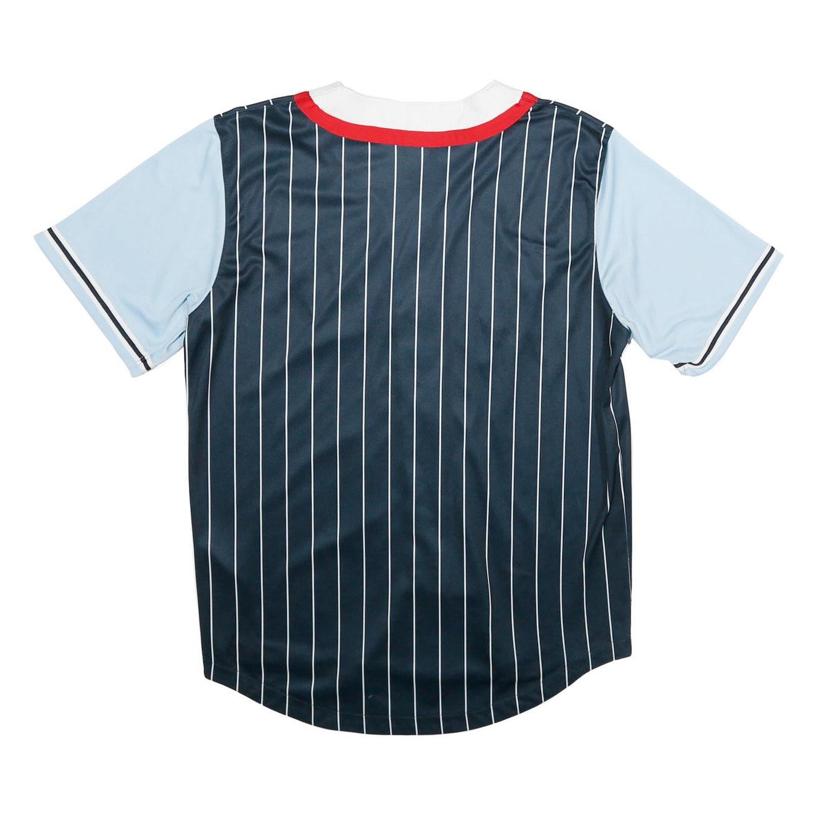 KARL KANI Mens Blue & Navy Button Front Pinstripe Jersey M Short Sleeve V-Neck